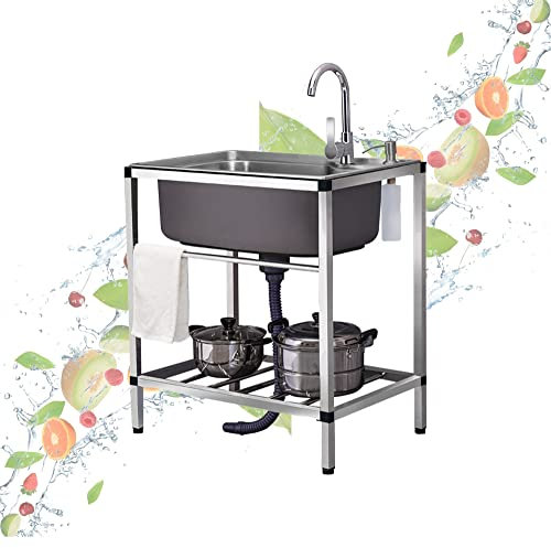 Küchenspüle Kommerzielle Mobiles Edelstahlspüle Einzelbecken-Spüle Tragbare Freistehende Waschbecken Außenbereich Spülbecken mit Wasserhahn Ablauf-Set Halterung für Garden Waschküche Restaurant ( Colo