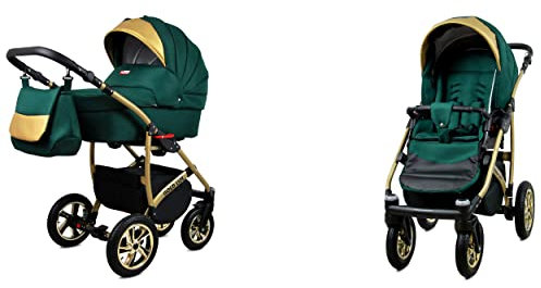 BabyLux Gold Lux 2-in-1 Baby Kinderwagen Tief und Kinderwagen mit Zubehör Verstellbar und faltbar Aluminium Konstruktion Wasserdicht Nicht abnehmbare Räder Bottle Green Gold Frame