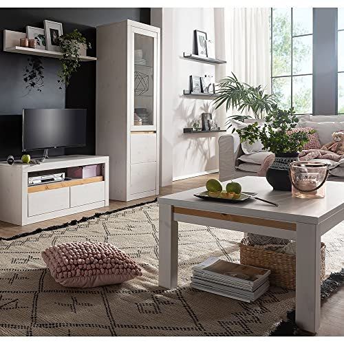 Lomadox Wohnzimmer Set Massivholz TV Wand Mediawand Wohnwand Lowboard Wandboard Vitrine Couchtisch rechteckig 110 x 70 cm Kiefer massiv weiß Weiss