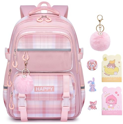 HANXIUCAO Schulrucksack Mädchen - Karomuster, atmungsaktiver und wasserabweisender Ranzen für die 1. bis 5. Klasse, Rosa