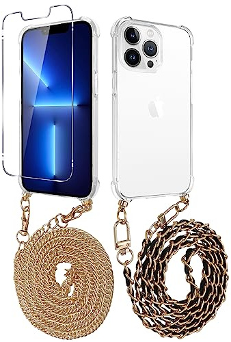 Pnakqil für Apple iPhone 12 PRO/iPhone 12 Hülle mit 2 Stück Handykette und 1 Schutzfolie, Handyhülle mit Band Kette Gold zum umh?ngen, 9H H?RTE Panzer Schutzglas Displayschutzfolie TPU Schutzhülle