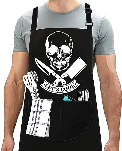 LINEN CLOSET® Divertidos delantales de barbacoa para hombre, delantales de cocina, chef, regalos de Navidad para barbacoa, regalos para papá, hijo, padre, marido, con 2 bolsillos, Negro-1, Talla única