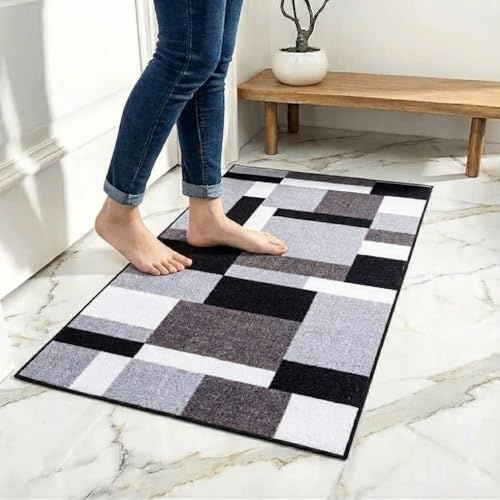Rugs Inn Kilas Door Mats for Indoor - Super Soft Distressed Low Pile Living Room Entryway Welcome Mat for Front and Back Entry Doormat - Grey Black, 60 x 110 cm