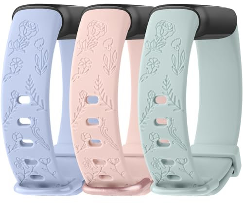 Vancle Floral Gravierte Armband Kompatibel mit Fitbit Luxe Armband für Damen, Rosen Uhrenarmbänder Süßes Verstellbares Silikon Armbänder Sport Ersatzarmband für Fitbit Luxe