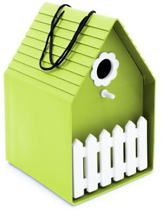 Pajarera de plástico para colgar, 20 x 15 cm, color verde – caja nido para pájaros con pequeña percha – Jardín decorativo comedero para pájaros casa para tetas y gorriones