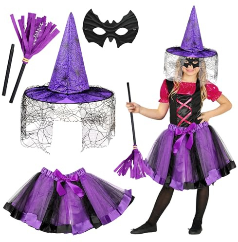 Seasboes Häxdräkt för flickor - kvast, hatt och klänning ingår - halloween för barn