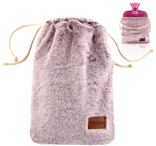 samply Hot Water Bottle with Cover 2L, Hot Water Bag, Violet | Soft faux fur drawstring cover keeps warm and removes easily. Ideal for hands, feet, neck and shoulders.