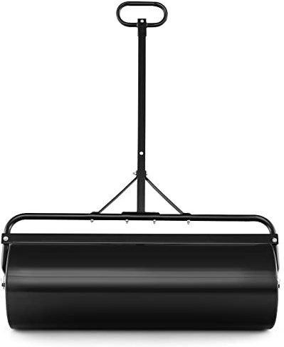 GYMAX 63L Rullo per Prato 90cm, Rullo per Giardino con Manico Regolabile e Protezione dalla Sporcizia, Rullo per Prato Riempibile con Acqua e Sabbia, Rullo per Prato 2 in 1 (Nero)
