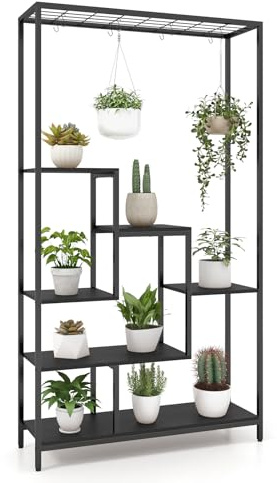 COSTWAY Pflanzenständer 6 Etagen, 180 cm Pflanzenregal Metall, Blumenregal mit 10 S-Haken & Gitterablage, Blumenständer Blumentreppen für Balkon, Wohnzimmer (Schwarz)