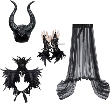 KUJAIS Maleficent Kostüm Damen: Böse Königin Kostüm Maleficent Hörner mit Federumhang Feder-Manschetten und Schwarzer Tüllrock Faschingskostüme Karneval Halloween Cosplay Party Kleidung
