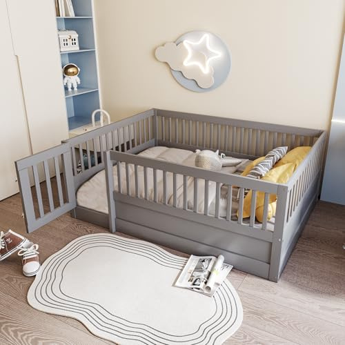 Zravenna Kinderbett Bodenbett 140x200, Holzbettgestell mit Gitter und Tür, Ohne Lattenrost, Minimalistisch Stil, Jugendbett Holzbett, Grau