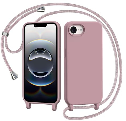 AOMYKE Coque pour iPhone 16e / iPhone 17e avec Cordon, Collier Étui Silicone Liquide avec Tour de Cou Lanière en Corde Souple TPU Antichoc Housse - Rose