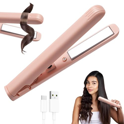 KQWVZ Mini Lockenstab, Mit Heißschutzgehäuse, Tragbarer USB Lockenstab Für Kurze Haare, 2 in 1 Mini Glätteisen Für Kurze Haare, 17cm Haarglätter, Tragbarer Reise Haarglätter Für Alle Haartypen