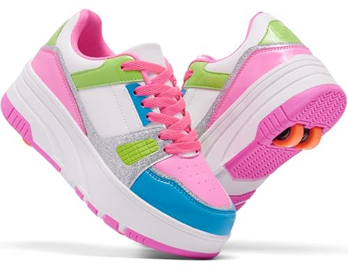 ANEFUN Chaussures à roulettes pour filles et garçons avec roues amovibles à l'avant et à l'arrière - Baskets tendance avec roues, 1135-blanc rose foncé rouge, 13 Little Kid
