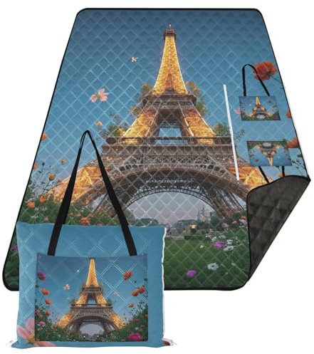 Picknickdecke mit violetten Blumen, romantischer Eiffelturm, wasserdicht, sandabweisend, Park, tragbare Picknickdecke für draußen, Konzertdecke, Manta para la Playa