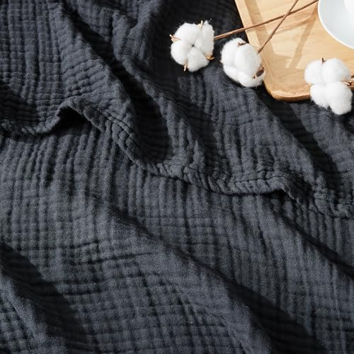 EMME Cubrecama de algodón 100 % muselina, 152 x 203 cm, para sofá, manta de gasa transpirable, suave, ligera y prelavada, para todas las estaciones, negro