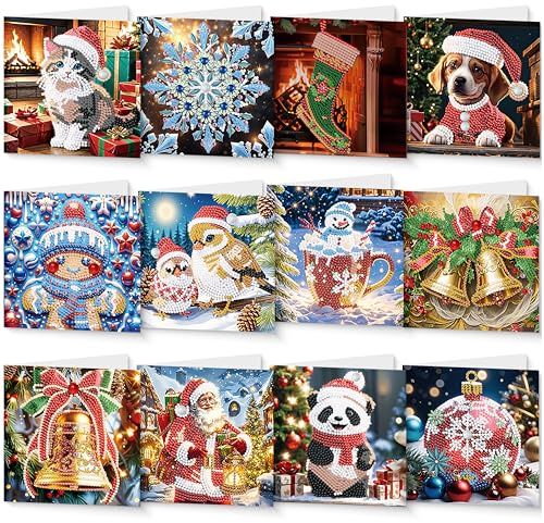 GwaOery Weihnachtskarten DIY Diamantkunst 5D Zahlen Weihnachtsmann Neujahrsgrüße Karten-Sets mit Umschlägen Handgefertigte Postkarten Dekorationen für Erwachsene Kinder (Stil-1)