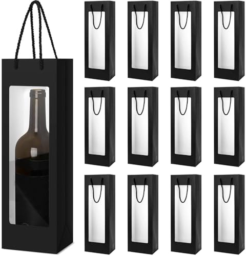 MOMAHUA 12 Stück Wein Geschenktasche mit Fenster, Schwarz Weinflaschenbeutel aus Kraftpapier, Flaschentüten Geschenktüten für Wein mit Griff, Kraft Organizer für Weihnachten Hochzeit Geburtstag Party