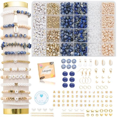 Leuyuee Natürliche Amazonit perlen für armbänder Edelstein Perlen Perlen Set Zum Auffädeln Kit Perlenset Beads für DIY armbänder selber machen Schmuck Halskette Ohrringe Kette (Blauer Punktfarbe)