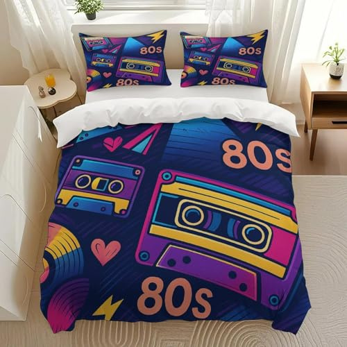 Kjdfhk 80s Retro Cassette Pattern Bedding Comforter Sets Bedding Set 3 Pieces (1 Duvet Cover 2 Pillowcases) with Zipper Closure Lightweight