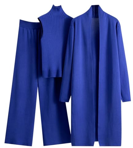 Women's 3 Piece Knit Lounge Set, Long Sleeve Cardigan Sleeveless Turtleneck Tank Top and Wide Leg Pants Matching