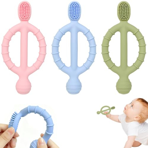 KIRZAX 3 Piezas Cepillo de Dientes Bebé & Mordedor Bebé Silicona, Juguete Dentición Bebé con Doble Asa para Agarrar & Molar, Estimula & Masajea Encías Doloridas, para Bebés a Partir de 3 Meses