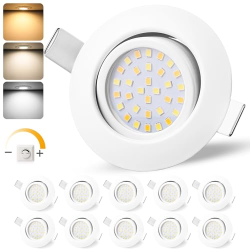 GeyouLux LED Einbaustrahler 230V IP44, 65-75mm EinbauØ Dimmbar Deckenspots | 6W 45° Schwenkbar Einbauleuchten 3000K Warmweiß 4000K Neutralweiß 6500K Kaltweiß Ultra Flach Einbauspots, 10er Set Weiß