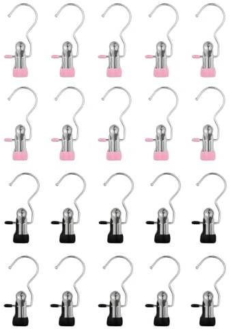 20 Stück Kleiderbügel mit Klammern, Metall Klemmhaken rutschfest Clips Wäscheklammern 360° Drehbarer Haken Metallklammern Hosenbügel, Sockenhalter (Schwarz und Pink)