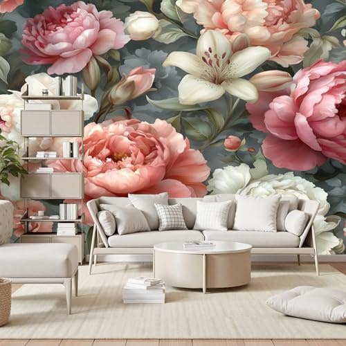 Gaqinhh Style Pastoral Pivoine et Lys Papier Peint Panoramique, Fleurs Vintage Feuilles Papier Peint Intissé, Tapisserie Murale Cuisine Salle de Bain, Décoration Murale Chambre, 150 x 105 cm