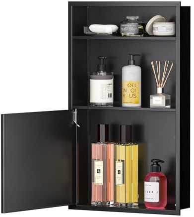 Bernkot Recessed Medicine Cabinet with Door 24 X 14 Matte Black Wall Medicine Cabinets with 3-Tier Shelf 304 Stainless Steel Niche Shower for Bathroom Storage