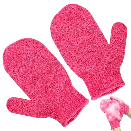 Exfoliating Gloves, 2pcs Bath and Body Exfoliator Mitts, Bamboo Shower Gloves, Scrubs Away Ingrown Hair and Dead Skin, for Shower, Spa, Massage and Dead Skin Cell Remover Loofah (Rose-Pink)
