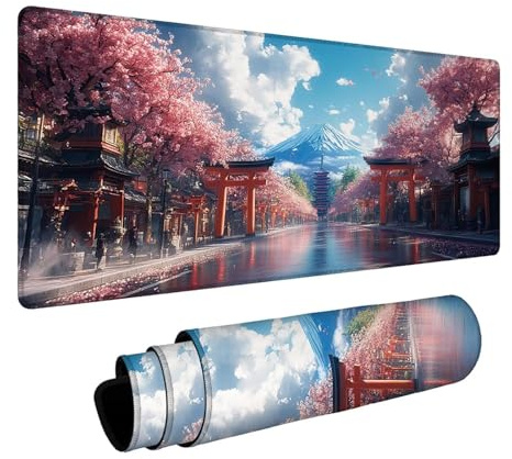 Tapis de Souris Mont Fuji Mouse Pad Fleurs de Cerisier Tapis de Souris XXL 140 x 60 x 0.3cm Bords Cousus Précision et Vitesse Améliorées pour PC Portable Clavier Gamer Decoration Automne FSBD-2613