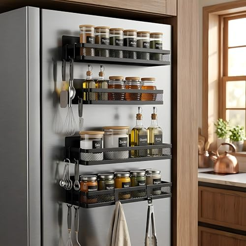Magnetic Spice Rack for Refrigerator, Set of 4 (2 Large & 2 Small) Kitchen Storage Shelves with 8 Hooks, No-Drill Fridge Organizer for Spice Jars, Organization Rack for Microwave & Washing Machine