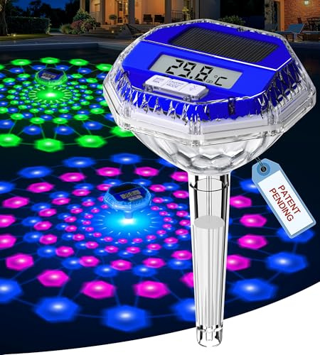 LuxBlue Poolthermometer Schwimmend mit Unterwasser Lichtshow, Solar Pool Thermometer Digital Leicht zu Lesen, IP68 Schwimmbad Thermometer mit Großem LCD-Bildschirm, Whirlpool Thermometers für Spa