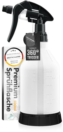 Chemicalworkz Sprühflasche Schwarz 500ml mit Canyon Trigger | 360° Sprühfunktion über Kopf, Messskala & Sichtleiste | Verstellbare Düse von Vollstrahl bis Sprühnebel für Auto, Haushalt & Garten