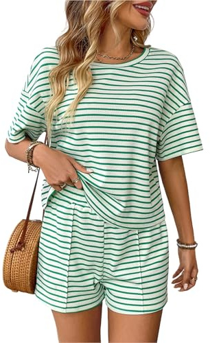 crazy bean Träningsoverallset för kvinnor, shorts och t-shirt, kortärmad, sommar, 2 delar, bermudashorts, sport, randig pyjamas