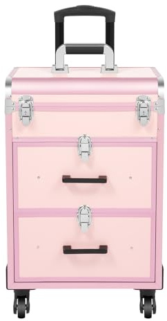 Kosmetikkoffer Trolley, Kosmetikkoffer Schminkkoffer mit 4 Rollen, Friseurkoffer Rollkoffer mit 2 Schubladen, bis zu 50kg, Friseurwerkzeug-Organizer für Haarschneiden, Make-up, Friseure (Rosa)