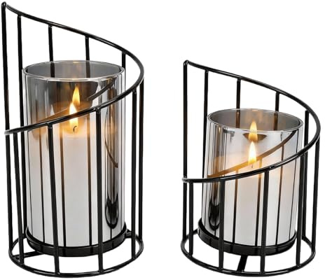 2 Stück Windlicht Schwarz Wohnzimmer Deko, Kerzenständer Schwarzem Metall mit Glasglocke, Höhen 20cm & 16cm, Dekorative Kerzenhalter Schwarz für Wohnzimmer, Esstisch & Terrasse