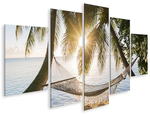 islandburner Bild auf Leinwand Entspannende Hängematte am Meer Wandbild Wohnzimmer Deko für Fernweh-Liebhaber - 5-teilig