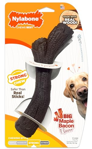 Nylabone Echtes Holzstab-Spielzeug, Starkes Kauspielzeug für Hunde, Gummi-Hundespielzeug für Moderate und Aggressive Kauer, Speck-Geschmack, Größe XL – 50+ lbs, 1 Stück