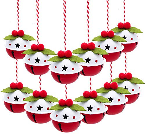 Valery Madelyn 12pcs Country Red Green and White Christmas Tree Decorations, Metal Christmas Jingle Bells, Xmas Hanging Pendants Ornaments with Hollow-carved Design