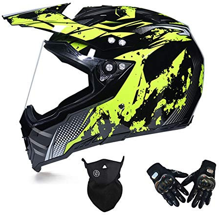Motocross Helm mit Visier, Crosshelm Set mit Handschuhe Maske, Motorrad Fullface Offroad Helm Motorradhelm Schutzhelm Sicherheit Schutz Kit für MTB Enduro BMX Downhill, 3 Farben,Gelb,XL