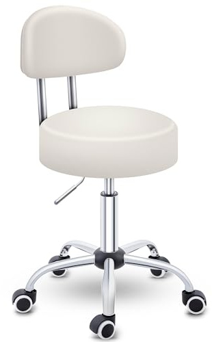 TRESKO Taburete con ruedas con respaldo, color beige, altura regulable 46-58 cm, taburete giratorio con ruedas, silla de oficina, taburete giratorio