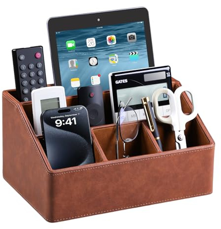 MEIBOOCH Schreibtisch-Organizer mit Untersetzer, Schreibtisch-Organizer aus PU-Leder mit Fernbedienung und Aufbewahrung für Lehrer, Schreibtischdekoration, Bürobedarf, Zuhause (Braun) | Luxuriöser Nachttisch-Organizer für Zuhause, Büro-Schreibtischzubehör, Nachttisch-Caddy mit 5 Fächern, Samtfutter