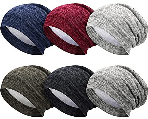 SATINIOR 6 Pieces Satin Lined Sleep Slouchy Cap, Hair Cap for Sleeping, Girl Headwear for Frizzy Curly Hair Women, Medium, Black, Dark Blue, Light Gray, Wine Red, Khaki, Green