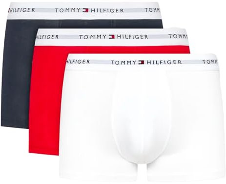 Tommy Hilfiger Men’s 3 Pack Trunks with Logo Waistband, Multicolor (Desert Sky/White/Primary Red), M