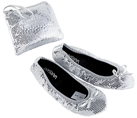 Varsany Foldable Sequin Silver Pumps - Ballet Dance Ladies After Party Shoes with Foldable Bag - Women's Flat Shoes