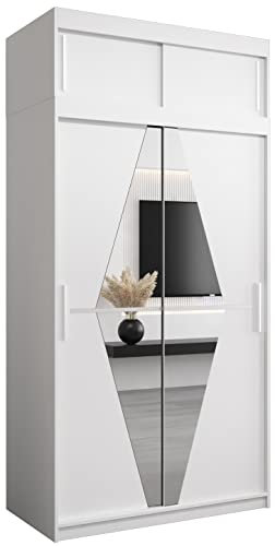 Kryspol Schwebetürenschrank Boliwia 120 cm mit Spiegel Kleiderschrank mit Kleiderstange und Einlegeboden Schlafzimmer- Wohnzimmerschrank Schiebetüren Modern Design (Weiß mit Erweiterung)