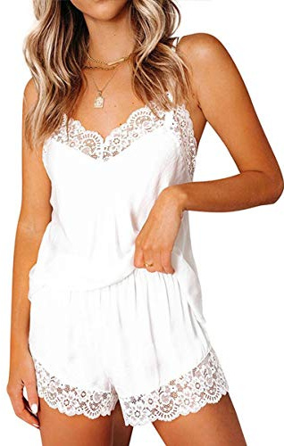 CHYRII Completo pigiama da donna sexy in raso di seta con top a canotta e pantaloncini con bordo in pizzo, bianco, XX-Large
