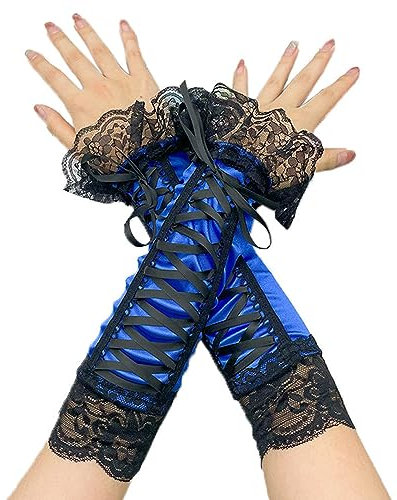 Damen Lange Fingerlose Spitze Handschuhe,Weiche Fingerlose Spitzenhandschuhe für Opern Bälle Maskerade Fasching Geburtstag Karneval Halloween-Cosplay Party Damen Kostüm Accessoires,Blau